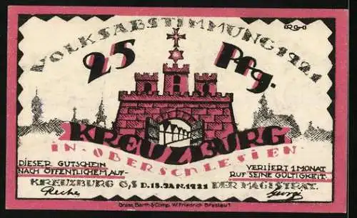 Notgeld Kreuzburg i. Oberschlesien 1921, 25 Pfennig, Kirche, Volksabstimmung 1921, Gutschein