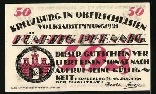 Notgeld Kreuzburg i. Oberschlesien 1921, 50 Pfennig, Kreuzherr vom roten Stern, Wappen, Gutschein