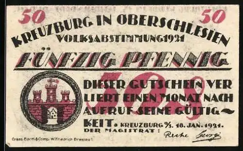Notgeld Kreuzburg i. Oberschlesien 1921, 50 Pfennig, Kreuzherr vom roten Stern, Wappen, Gutschein
