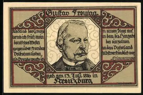 Notgeld Kreuzburg i. Oberschlesien, 1 Mark, Gustav Freytag im Porträt, Wappen, Gutschein