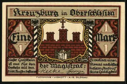 Notgeld Kreuzburg i. Oberschlesien, 1 Mark, Gustav Freytag im Porträt, Wappen, Gutschein