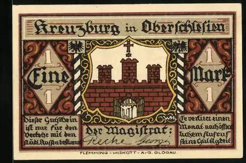 Notgeld Kreuzburg i. Oberschlesien, 1 Mark, die 12 Apostel, Wappen, Gutschein