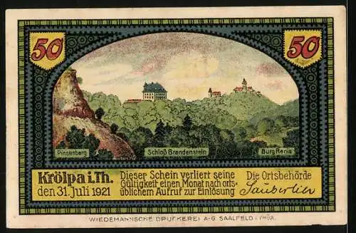 Notgeld Krölpa i. Th. 1921, 50 Pfennig, Schloss Brandenstein, Pinsenberg u. Burg Ranis, Gutschein
