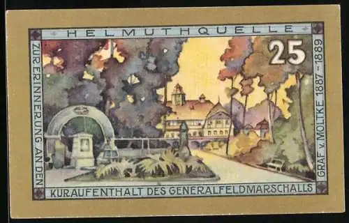 Notgeld Bad Kudowa, 25 Pfennig, Helmuthquelle, zur Erinnerung an den Kuraufenthalt des Grafen v. Moltke