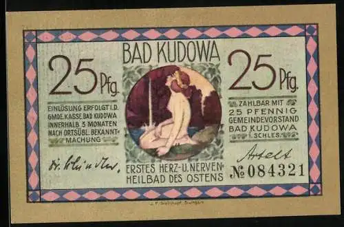 Notgeld Bad Kudowa, 25 Pfennig, Helmuthquelle, zur Erinnerung an den Kuraufenthalt des Grafen v. Moltke