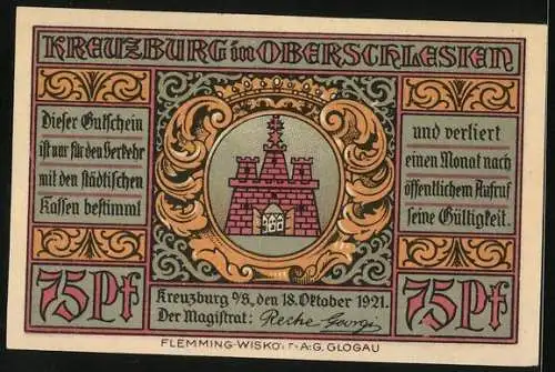 Notgeld Kreuzburg i. Oberschlesien 1921, 75 Pfennig, Die 12 Apostel, Wappen, Gutschein