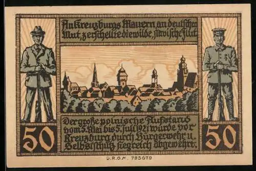 Notgeld Kreuzburg i. Oberschlesien 1921, 50 Pfennig, Stadtansicht, Bürgerwehr und Wappen, Gutschein