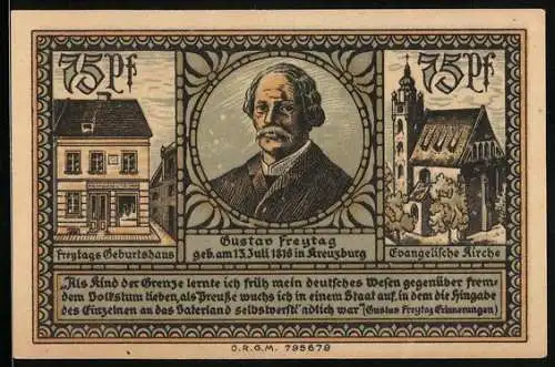 Notgeld Kreuzburg i. Oberschlesien 1921, 75 Pfennig, Gustav Freytag im Porträt, Wappen, Gutschein