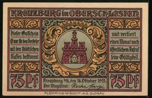 Notgeld Kreuzburg i. Oberschlesien 1921, 75 Pfennig, Gustav Freytag im Porträt, Wappen, Gutschein