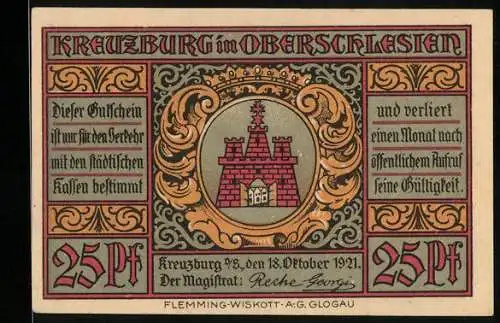 Notgeld Kreuzburg i. Oberschlesien 1921, 25 Pfennig, Glocken läuten nach der Volksabstimmung 1921, Wappen, Gutschein