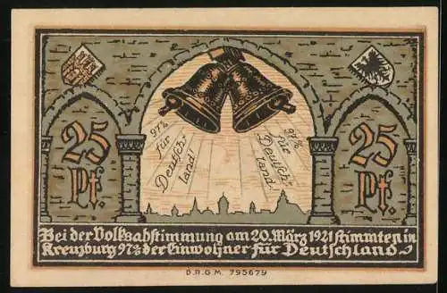 Notgeld Kreuzburg i. Oberschlesien 1921, 25 Pfennig, Glocken läuten nach der Volksabstimmung 1921, Wappen, Gutschein