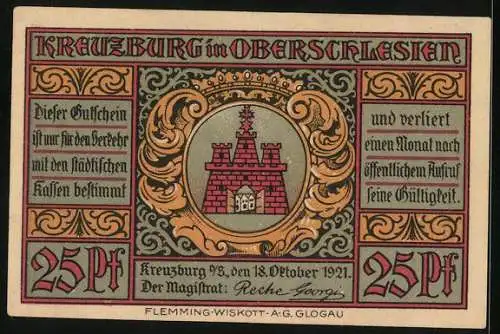 Notgeld Kreuzburg i. Oberschlesien 1921, 25 Pfennig, Glocken läuten nach der Volksabstimmung 1921, Wappen, Gutschein