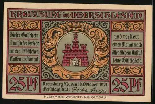 Notgeld Kreuzburg i. Oberschlesien 1921, 25 Pfennig, Glocken läuten nach der Volksabstimmung 1921, Wappen, Gutschein