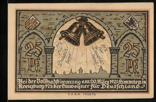 Notgeld Kreuzburg i. Oberschlesien 1921, 25 Pfennig, Glocken läuten nach der Volksabstimmung 1921, Wappen, Gutschein