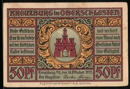 Notgeld Kreuzburg i. Oberschlesien 1921, 50 Pfennig, Stadtansicht, Bürgerwehr und Wappen, Gutschein