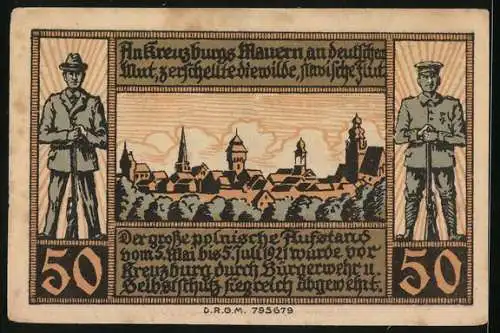 Notgeld Kreuzburg i. Oberschlesien 1921, 50 Pfennig, Stadtansicht, Bürgerwehr und Wappen, Gutschein