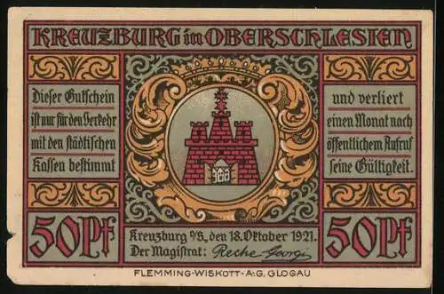 Notgeld Kreuzburg i. Oberschlesien 1921, 50 Pfennig, Stadtansicht, Bürgerwehr und Wappen, Gutschein