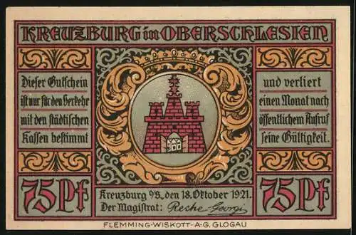 Notgeld Kreuzburg i. Oberschlesien 1921, 75 Pfennig, Gustav Freytag im Porträt, Geburtshaus u. Kirche, Wappen, Gutschein