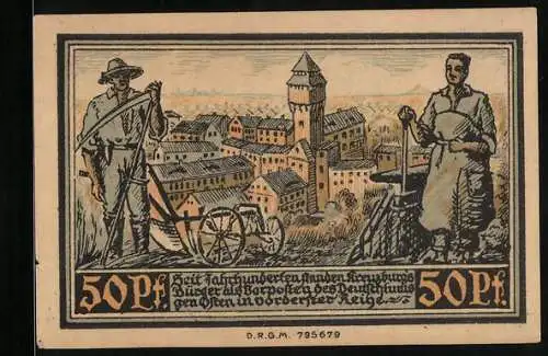 Notgeld Kreuzburg i. Oberschlesien 1921, 50 Pfennig, Bauer u. Handwerker vor Stadtansicht, Wappen, Gutschein