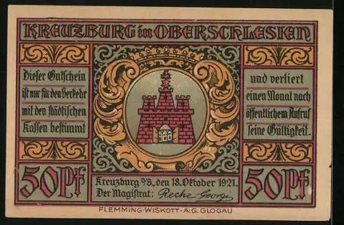 Notgeld Kreuzburg i. Oberschlesien 1921, 50 Pfennig, Bauer u. Handwerker vor Stadtansicht, Wappen, Gutschein