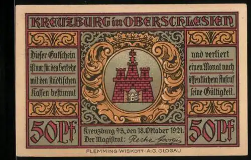 Notgeld Kreuzburg i. Oberschlesien 1921, 50 Pfennig, Bauer u. Handwerker vor Stadtansicht, Wappen, Gutschein