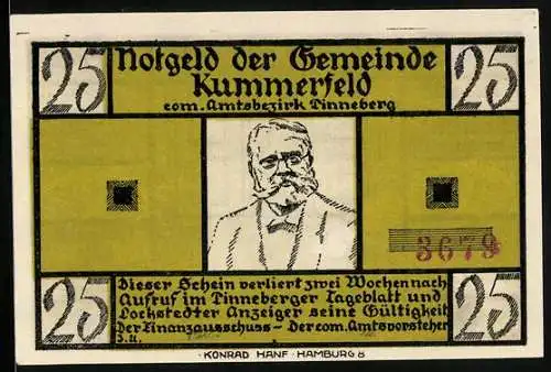 Notgeld Kummerfeld, 25 Pfennig, De Wett-Gedicht von Fritz Reuter, Reuter im Porträt
