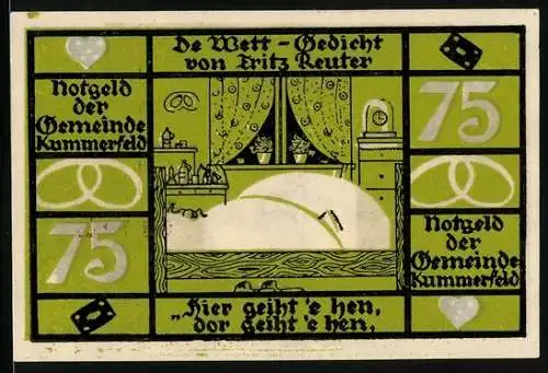 Notgeld Kummerfeld, 75 Pfennig, Fritz Reuter im Porträt, De Wett-Gedicht von Fritz Reuter