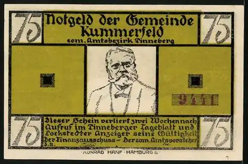 Notgeld Kummerfeld, 75 Pfennig, Fritz Reuter im Porträt, De Wett-Gedicht von Fritz Reuter