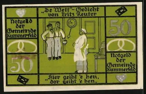 Notgeld Kummerfeld, 50 Pfennig, Fritz Reuter im Porträt, De Wett-Gedicht von Fritz Reuter