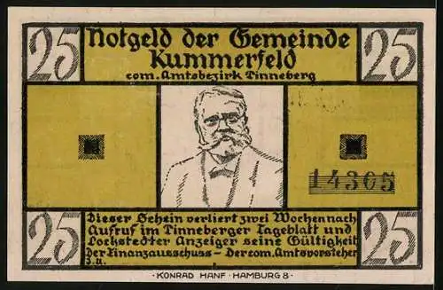 Notgeld Kummerfeld, 25 Pfennig, Fritz Reuter im Porträt, De Wett-Gedicht von Fritz Reuter