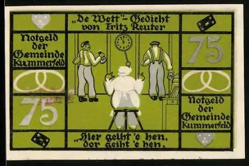 Notgeld Kummerfeld, 75 Pfennig, Fritz Reuter im Porträt, De Wett-Gedicht von Fritz Reuter