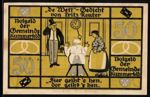 Notgeld Kummerfeld, 50 Pfennig, Fritz Reuter im Porträt, De Wett-Gedicht von Fritz Reuter