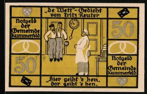 Notgeld Kummerfeld, 50 Pfennig, Fritz Reuter im Porträt, De Wett-Gedicht von Fritz Reuter