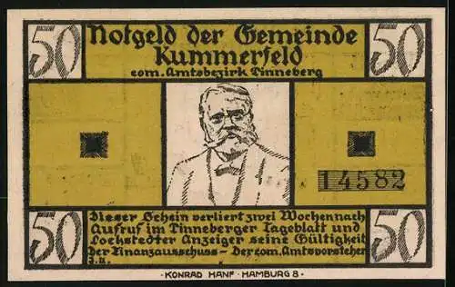 Notgeld Kummerfeld, 50 Pfennig, Fritz Reuter im Porträt, De Wett-Gedicht von Fritz Reuter