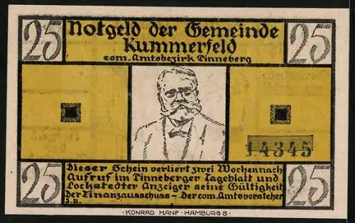 Notgeld Kummerfeld, 25 Pfennig, Fritz Reuter im Porträt, De Wett-Gedicht von Fritz Reuter