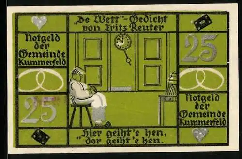 Notgeld Kummerfeld, 25 Pfennig, Fritz Reuter im Porträt, De Wett-Gedicht von Fritz Reuter