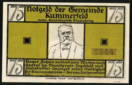 Notgeld Kummerfeld, 75 Pfennig, Fritz Reuter im Porträt, De Wett-Gedicht von Fritz Reuter