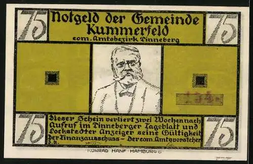 Notgeld Kummerfeld, 75 Pfennig, Fritz Reuter im Porträt, De Wett-Gedicht von Fritz Reuter