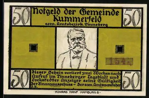 Notgeld Kummerfeld, 50 Pfennig, Fritz Reuter im Porträt, De Wett-Gedicht von Fritz Reuter