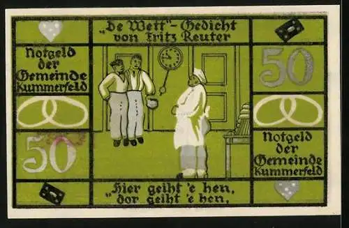 Notgeld Kummerfeld, 50 Pfennig, Fritz Reuter im Porträt, De Wett-Gedicht von Fritz Reuter