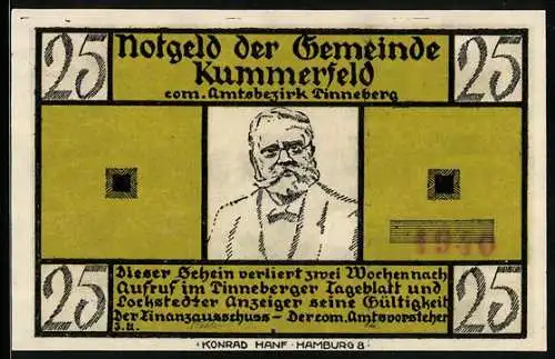 Notgeld Kummerfeld, 25 Pfennig, Fritz Reuter im Porträt, De Wett-Gedicht von Fritz Reuter