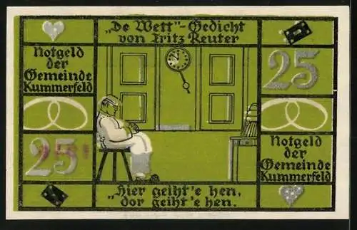 Notgeld Kummerfeld, 25 Pfennig, Fritz Reuter im Porträt, De Wett-Gedicht von Fritz Reuter