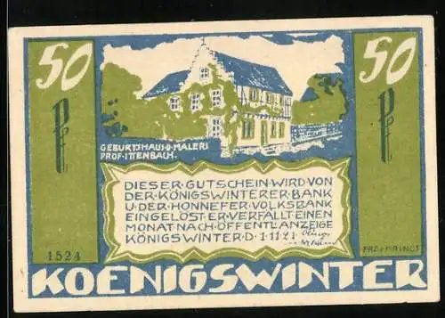 Notgeld Koenigswinter 1921, 50 Pfennig, Geburtshaus des Malers Prof. Ittenbach, Wappen, Gutschein