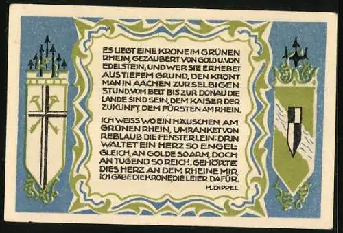 Notgeld Koenigswinter 1921, 50 Pfennig, Geburtshaus des Malers Prof. Ittenbach, Wappen, Gutschein