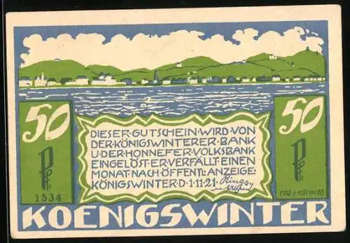 Notgeld Koenigswinter 1921, 50 Pfennig, Panorama und Rheinpartie, Wappen, Gutschein