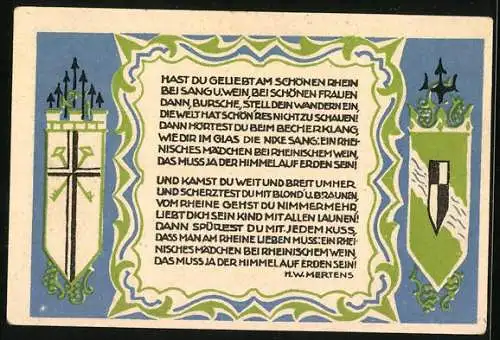 Notgeld Koenigswinter 1921, 50 Pfennig, Panorama und Rheinpartie, Wappen, Gutschein