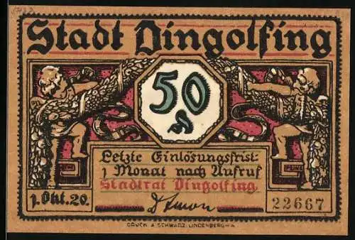 Notgeld Dingolfing 1920, 50 Pfennig, Ortsansicht und Wappen