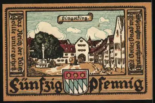 Notgeld Dingolfing 1920, 50 Pfennig, Ortsansicht und Wappen