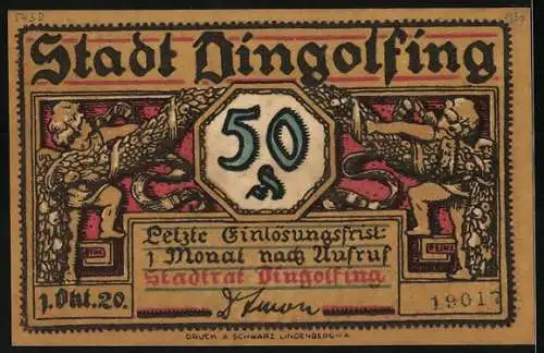 Notgeld Dingolfing 1920, 50 Pfennig, Ortsansicht und Wappen