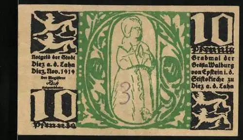 Notgeld Diez a. d. Lahn 1919, 10 Pfennig, Ortsansicht, Bildnis Gräfin Walburg von Epstein